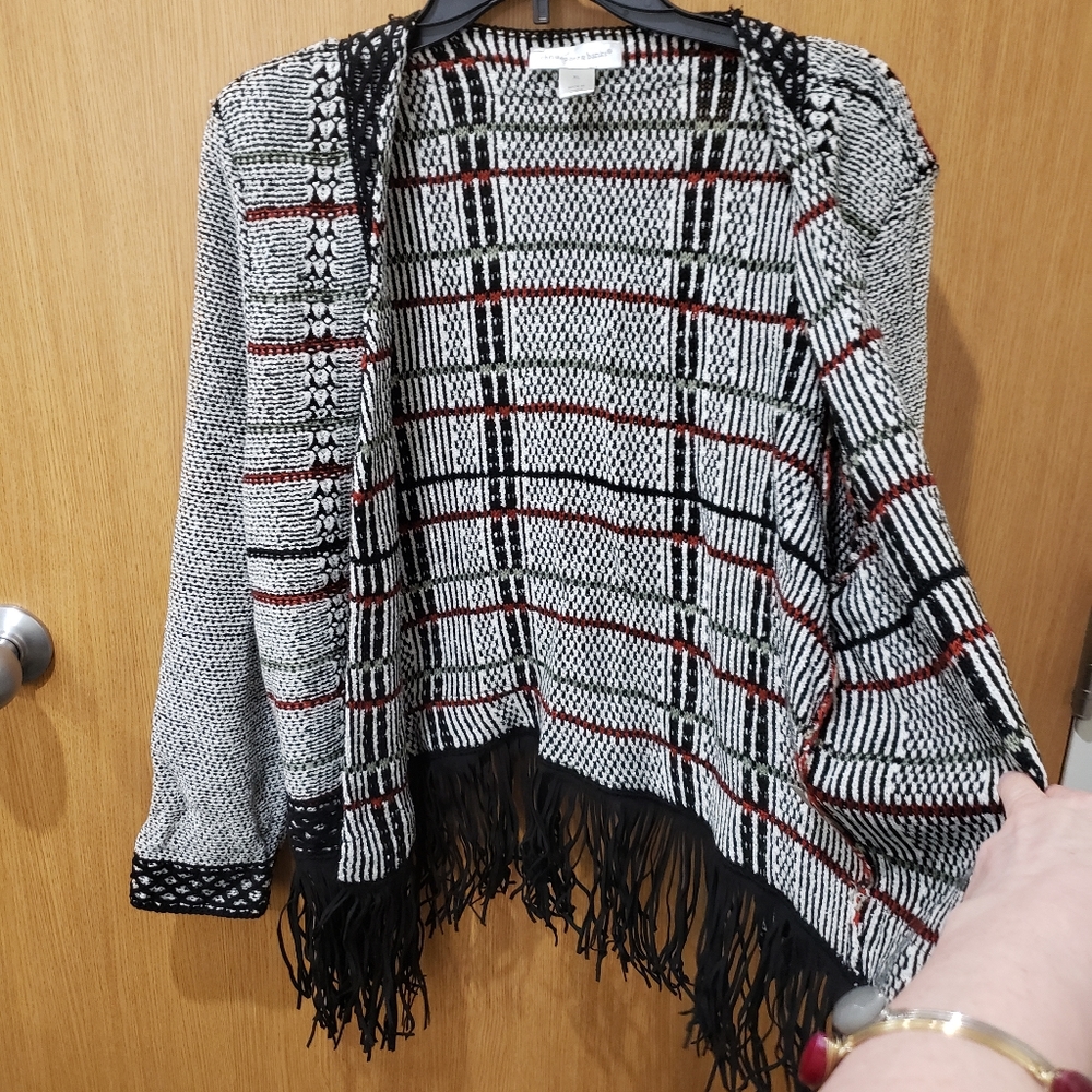 christopher & banks, open front fringe black & white cardigan sweater, XL - Picture 14 of 16